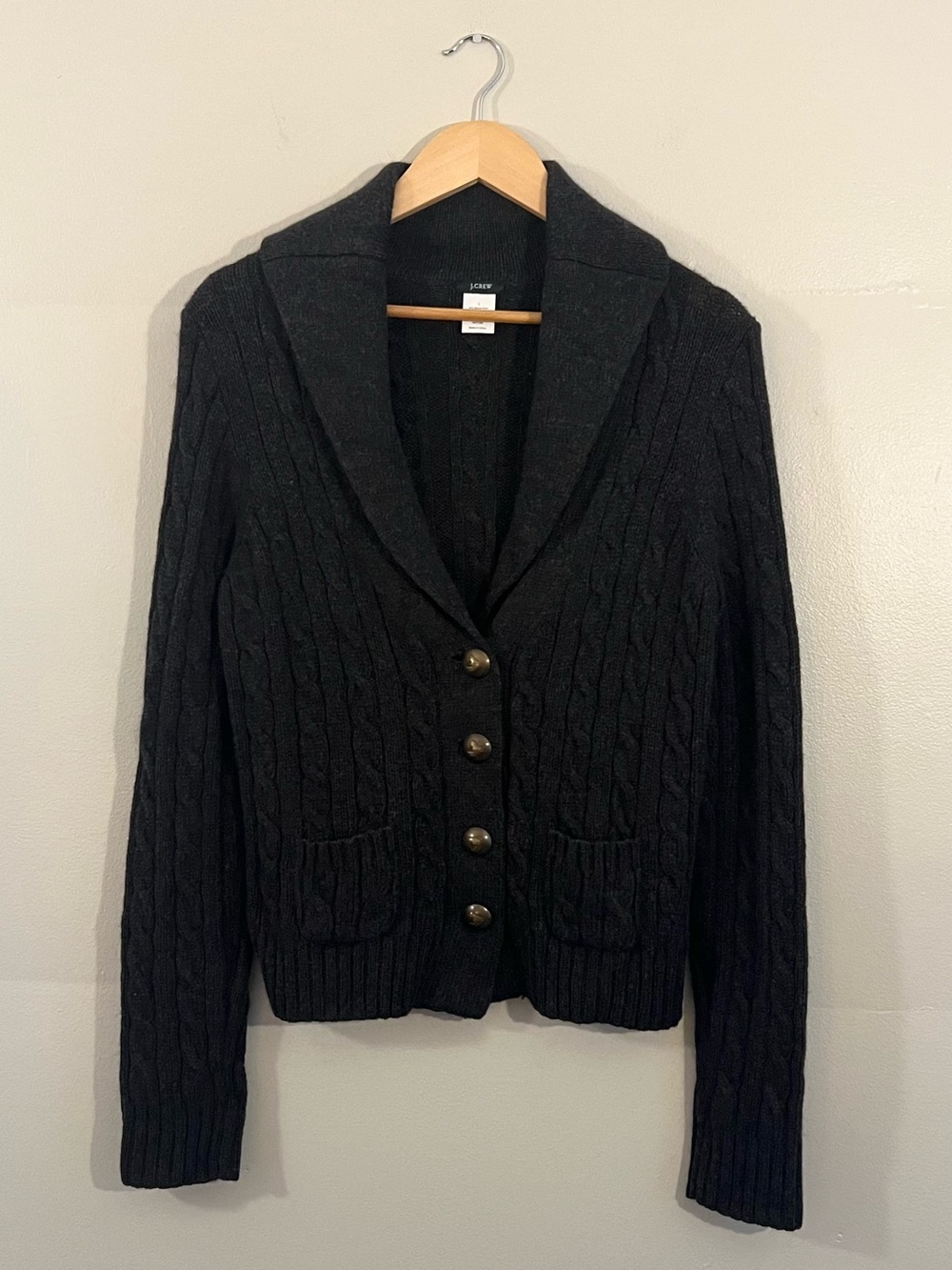 Y2K J.Crew gray wool cable knit button up cardigan cozy academia prep knitwear